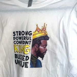 A large, white, black male affirmation t-shirt.